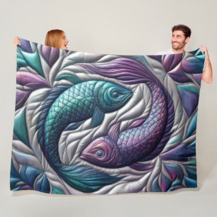 Quilted Pisces Fish Purple Blue Grey Fleece Blanket