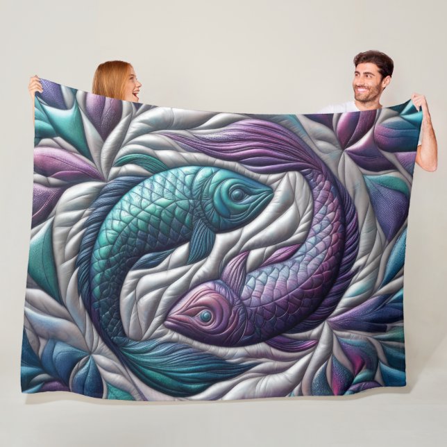 Quilted Pisces Fish Purple Blue Grey Fleece Blanket (In Situ)