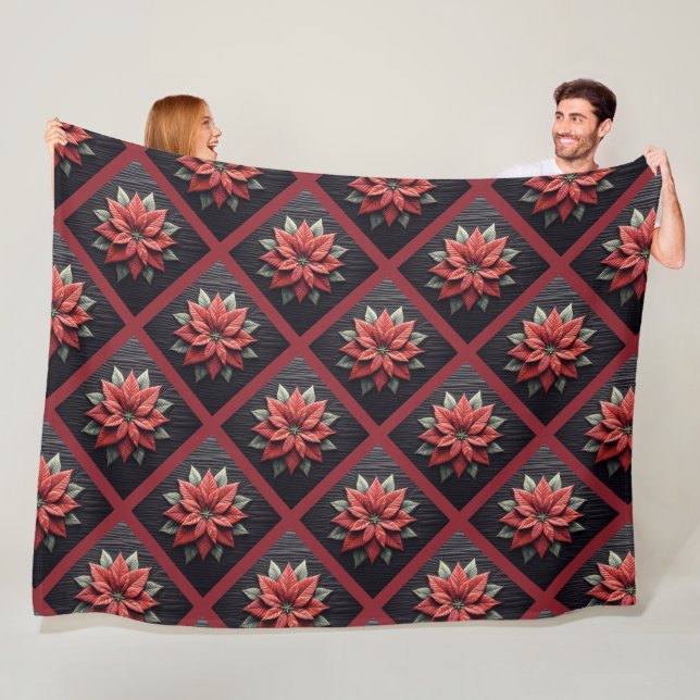 Quilted Poinsettia Fleece Blanket Black (In Situ)