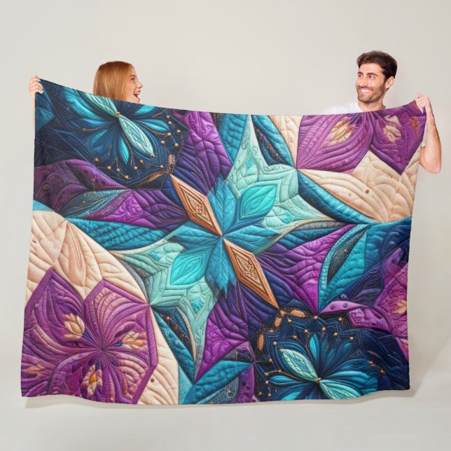 Quilted Purple Blue Pink Abstract Design Fleece Blanket (In Situ)