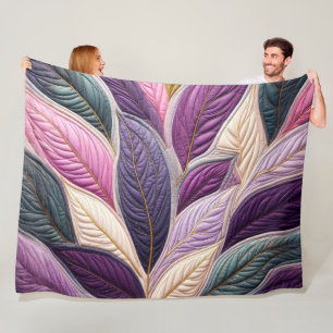 Quilted Purple Blue Pink Leaves Design Fleece Blanket