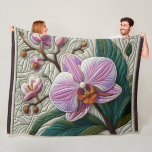 Quilted Purple Pink Orchid Design Fleece Blanket