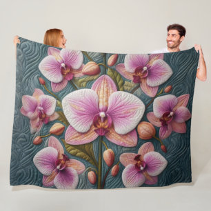 Quilted Purple Pink Orchid Design Fleece Blanket