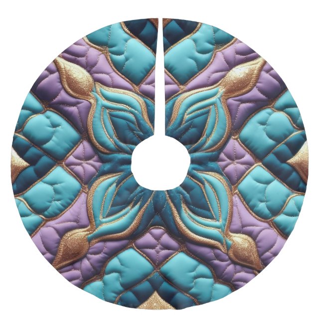 Quilted Purple Turquoise Blue Abstract Design Brushed Polyester Tree Skirt (Front)