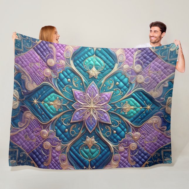 Quilted Purple Turquoise Blue Abstract Design Fleece Blanket (In Situ)