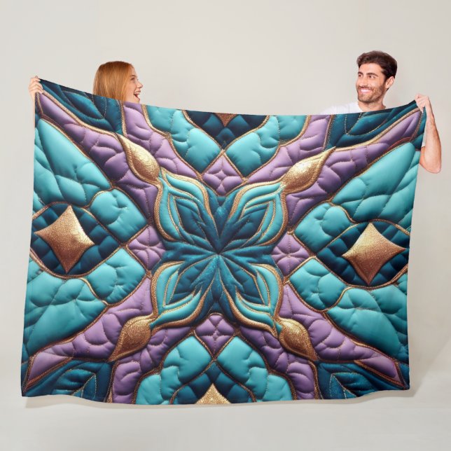 Quilted Purple Turquoise Blue Abstract Design Fleece Blanket (In Situ)