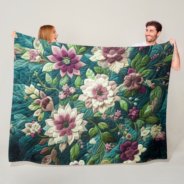 Quilted Teal Blue Floral Design Fleece Blanket (In Situ)