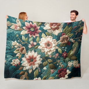 Quilted Teal Blue Floral Design Fleece Blanket