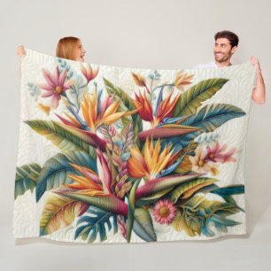 Quilted Tropical Flowers Fleece Blanket