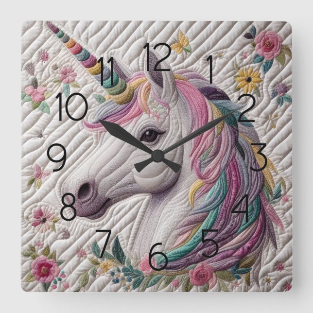 Quilted Unicorn Square Wall Clock (Front)