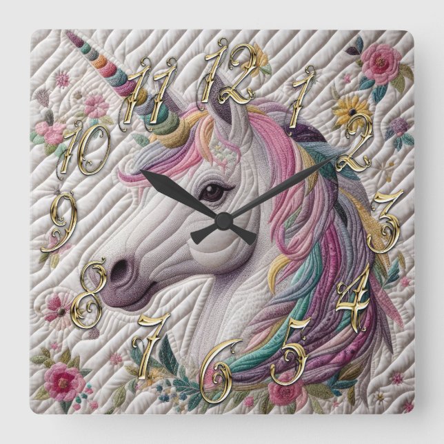 Quilted Unicorn Square Wall Clock (Front)
