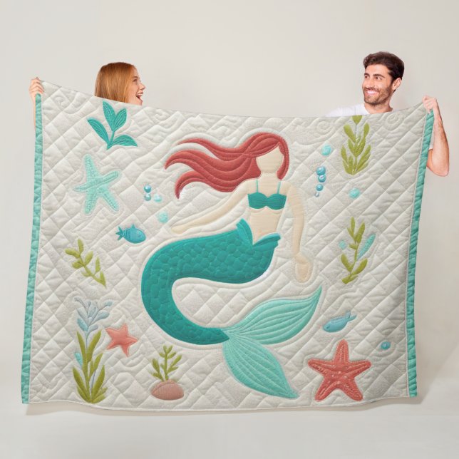 Quilted Whimsical Abstract Mermaid Fleece Blanket (In Situ)