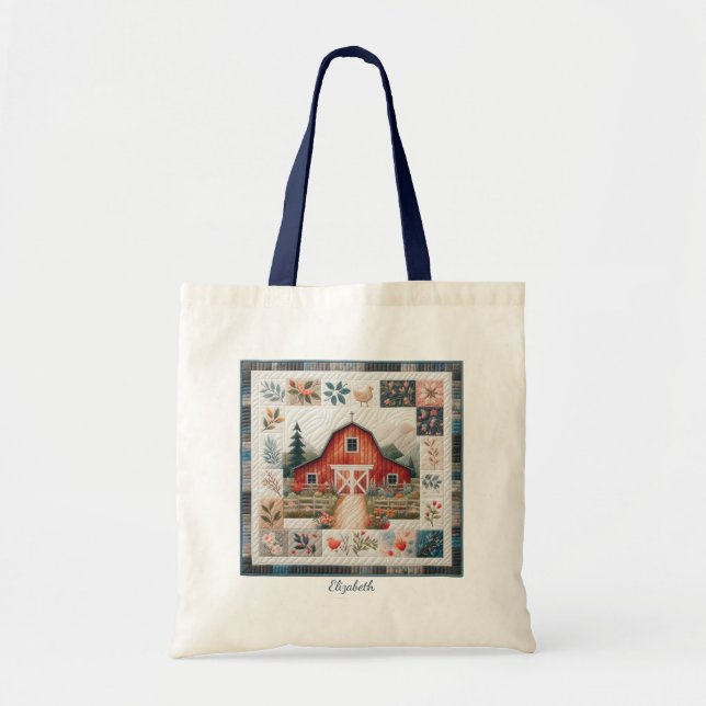 Quilter's Red Barn Faux Patchwork Tote Bag (Front)