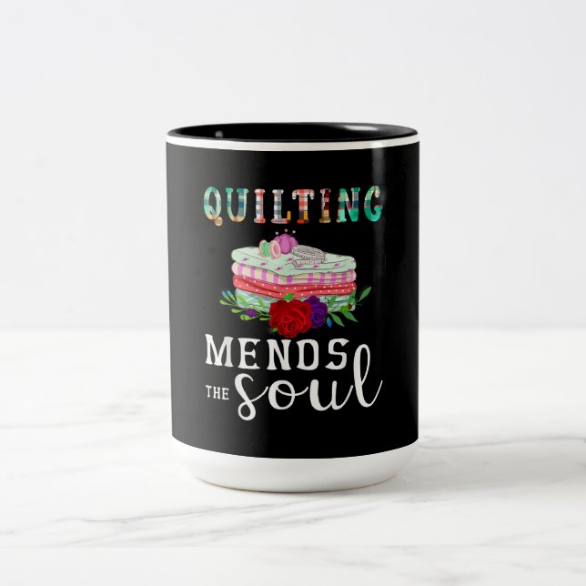 Quilting Mends Soul Quilter Gift | Quilting Lovers Two-Tone Coffee Mug (Center)