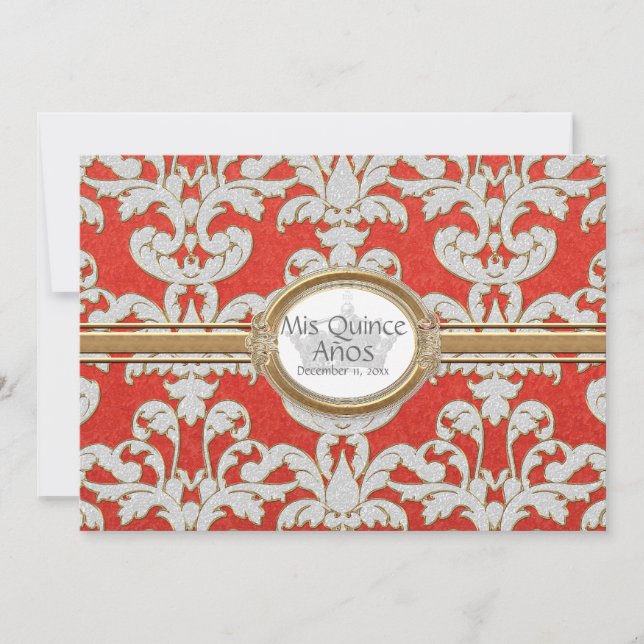Quince Anos - Elegant Floral Leaf Damask Baroque Invitation (Front)