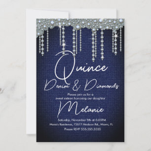 Quince Denim Diamonds Gem Pearls Chic Invitation