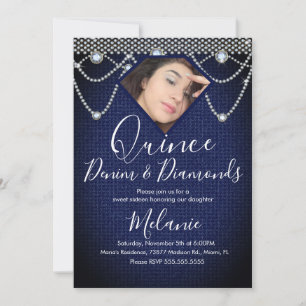 Quince Denim Diamonds Gem Pearls Photo  Invitation
