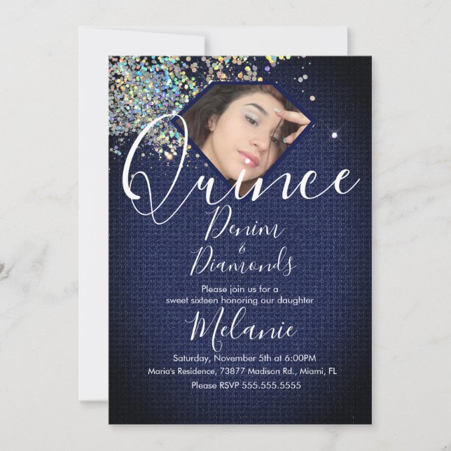 Quince Denim Diamonds Gem Photo Holographic Invitation (Front)