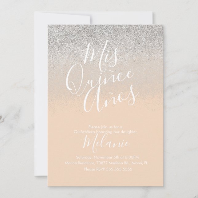 Quiñce Faux Glitter Diamond Peach Silver Birthday Invitation (Front)
