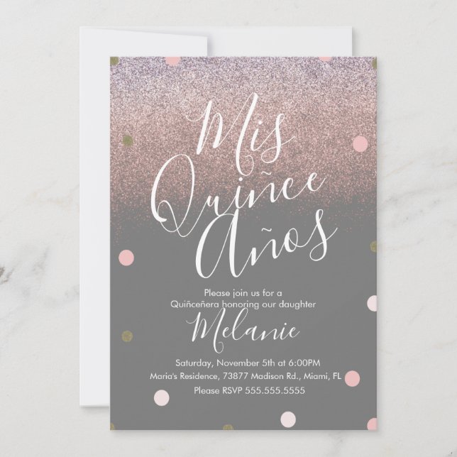 Quiñce Faux Glitter Dots Gold Pink  Birthday Invitation (Front)