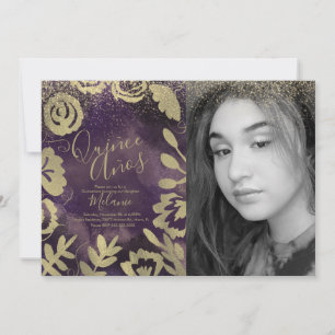 Quiñce Faux Glitter Purple Floral Gold Photo Invitation