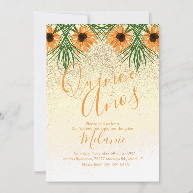 Quiñce Faux Glitter Sunflower Birthday Invitation (Front)