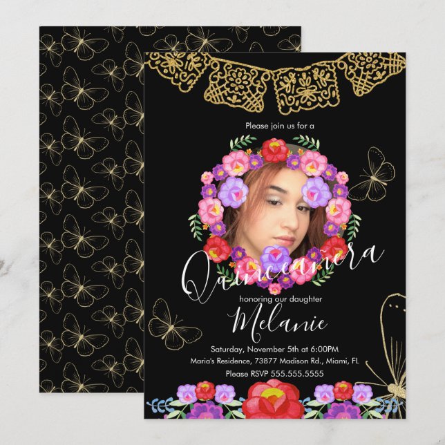 Quince Glitter Faux Floral Butterflies Mexican Invitation (Front/Back)