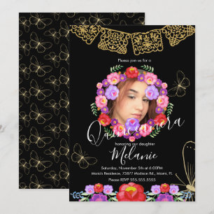 Quince Glitter Faux Floral Butterflies Mexican Invitation