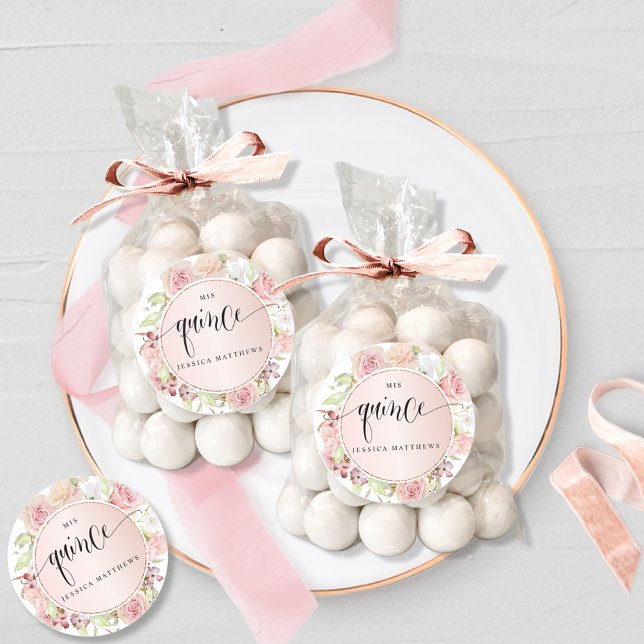 Quince, Spanish, Pink, Blush Rose Gold Floral Classic Round Sticker (Creator Uploaded)