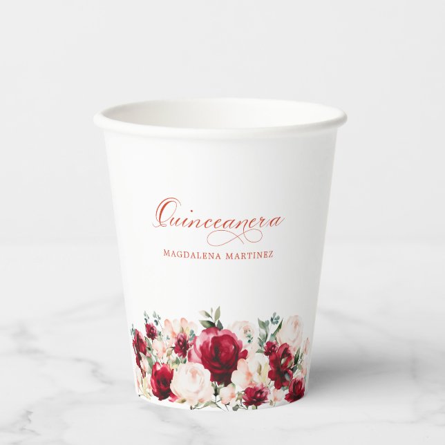 Quinceane Party Red Rose Pink Peony Custom Paper Cups (Front)