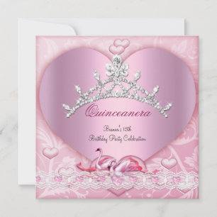 Quinceanera 15 15th White Pink Swans Tiara Heart Invitation