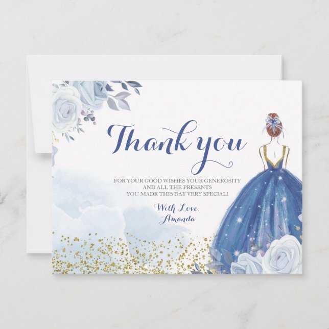 Quinceañera 15 Anos Blue Flowers Thank You Card (Front)