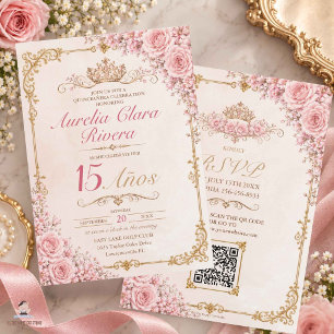 Quinceañera 15 Años Pink Floral Vintage Gold QR Invitation