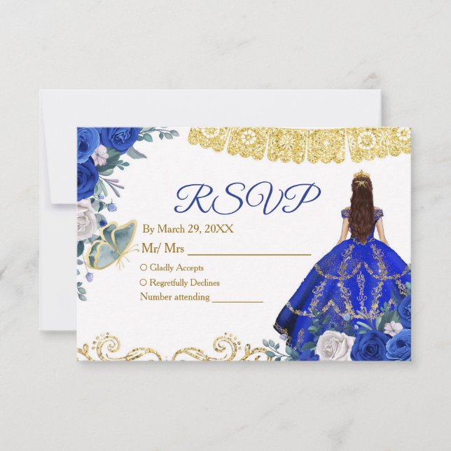 Quinceañera 15 Anos Royal Blue RSVP Card (Front)