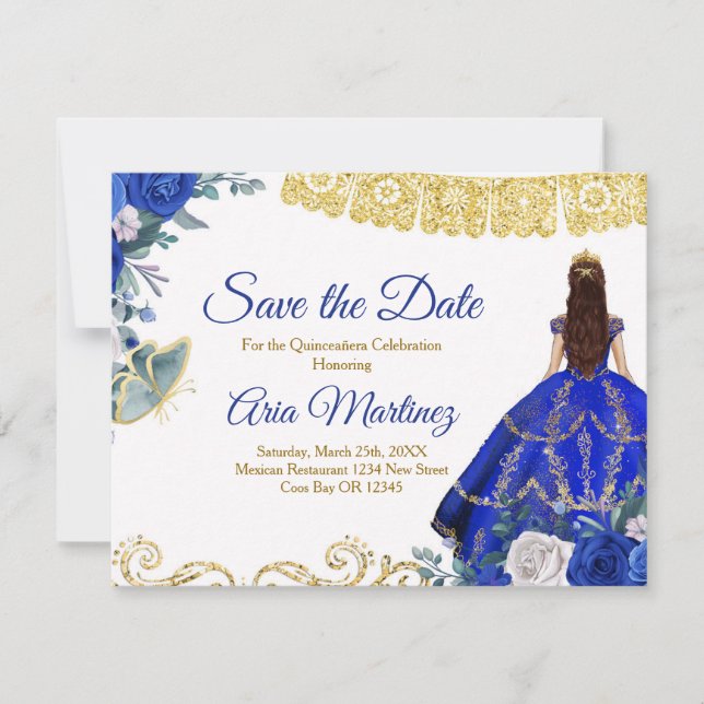 Quinceañera 15 Anos Royal Blue Save the Date Thank You Card (Front)