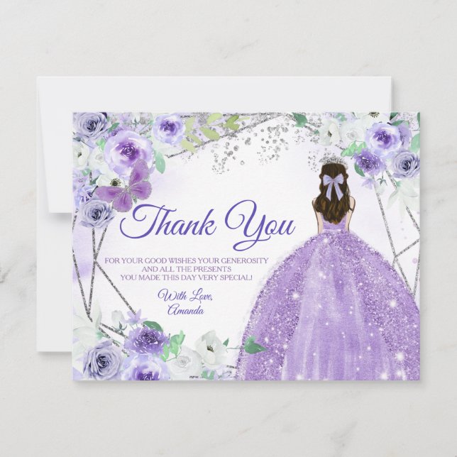 Quinceañera 15 Anos Silver & Purple Thank You Card (Front)