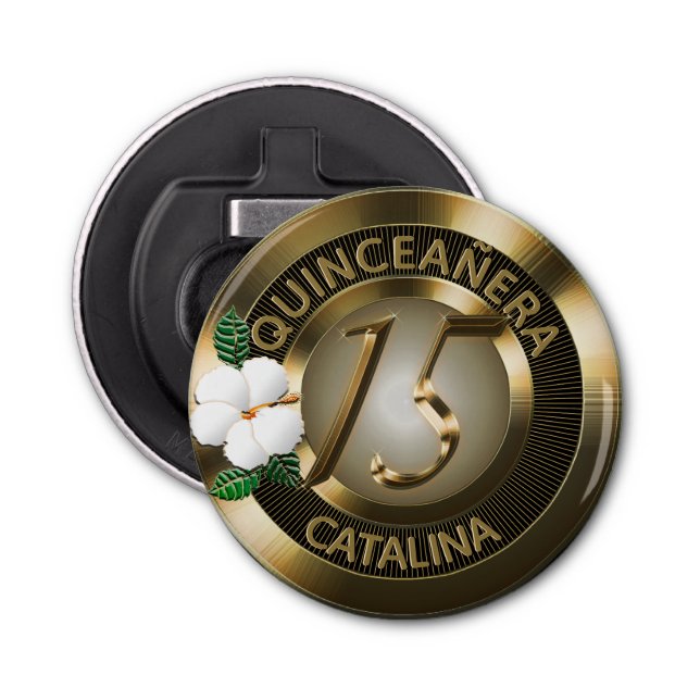 Quinceanera 15 Birthday Gold Faux Metallic Bottle Opener (Front)