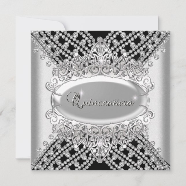 Quinceanera 15 Birthday Party Black White Diamonds Invitation (Front)