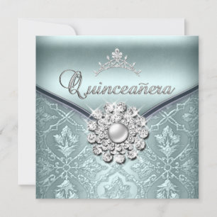 Quinceañera 15 Birthday Party Damask Blue Invitation