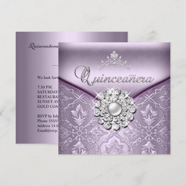 Quinceañera 15 Birthday Party Damask Lilac Invitation (Front/Back)
