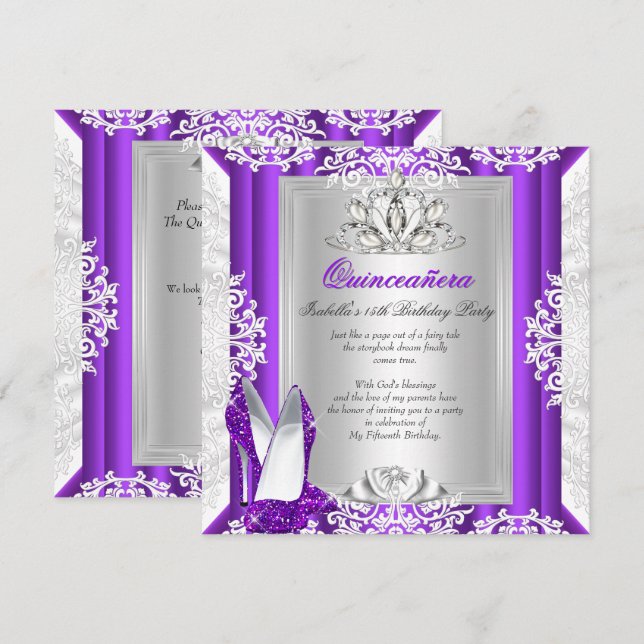 Quinceanera 15 Birthday Party Glitter Purple Shoes Invitation (Front/Back)