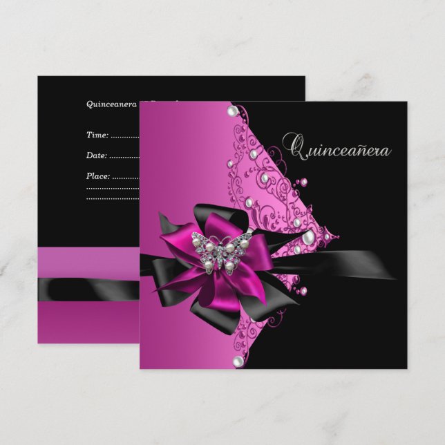 Quinceanera 15 Birthday Party Hot Pink Black Invitation (Front/Back)