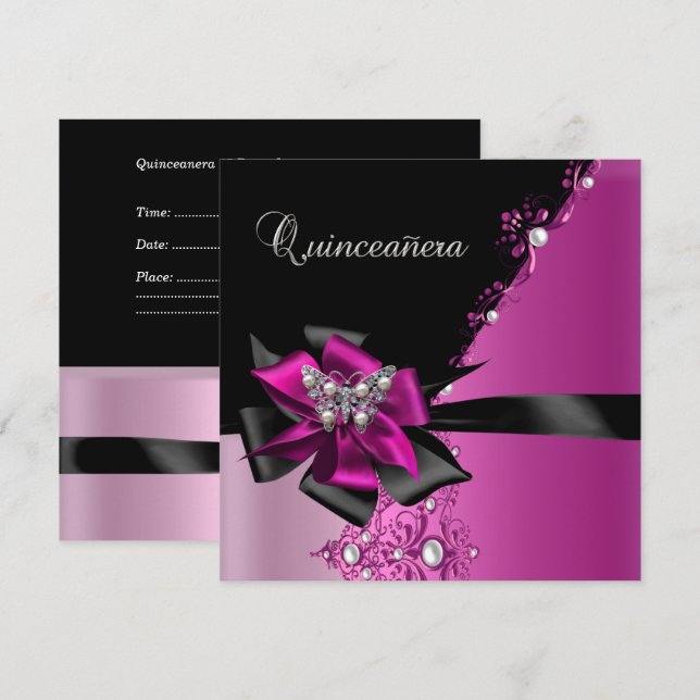 Quinceanera 15 Birthday Party Hot Pink Black Invitation (Front/Back)