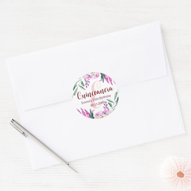 Quinceanera 15 birthday party mailing pink floral  classic round sticker (Envelope)