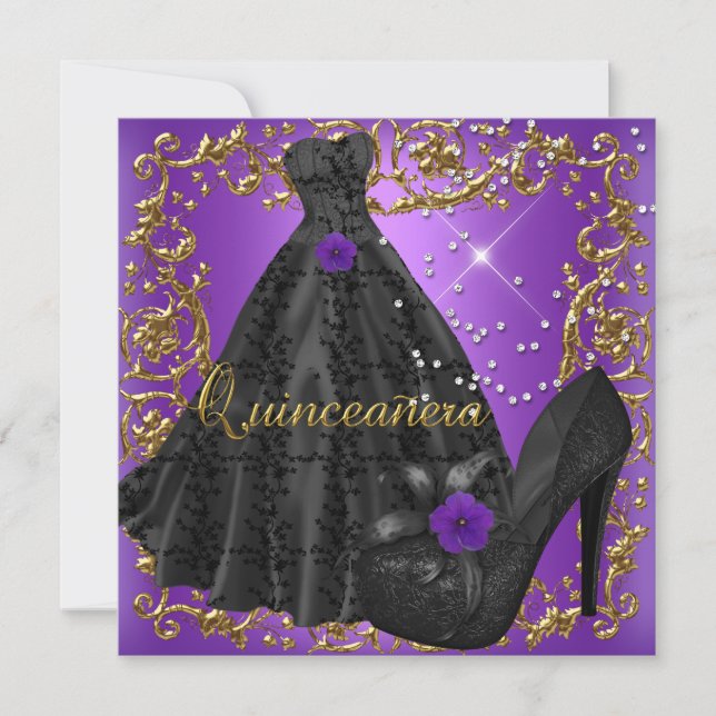 Quinceanera 15 Birthday Party Purple Black Dress Invitation (Front)