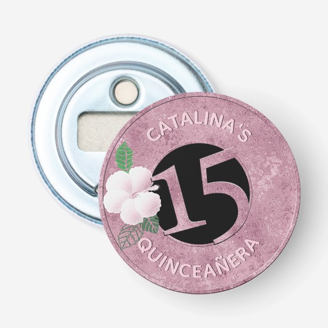 Quinceanera 15 Birthday Pink Faux Metallic Floral Bottle Opener (Front)