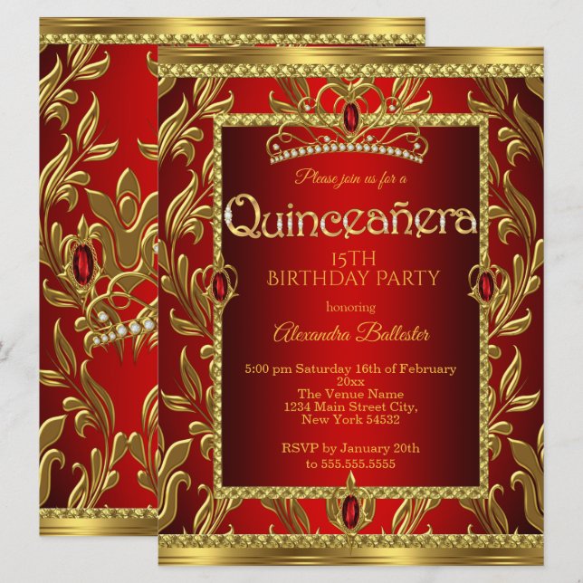 Quinceanera 15 Birthday Red Ruby Jewel Tiara Gold Invitation (Front/Back)