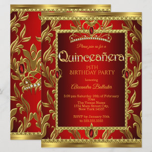 Quinceanera 15 Birthday Red Ruby Jewel Tiara Gold Invitation