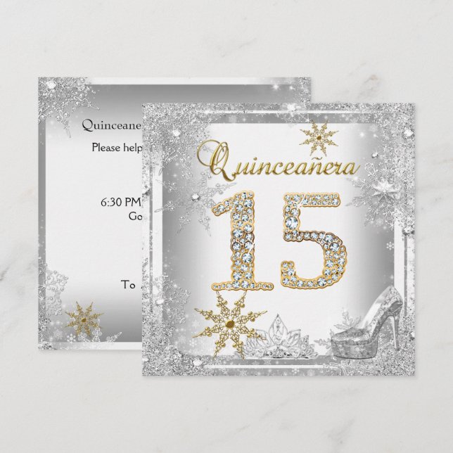 Quinceanera 15 Birthday Silver White Gold Elite Invitation (Front/Back)