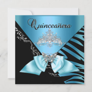 Quinceanera 15 Birthday Zebra Blue Black Tiara Invitation